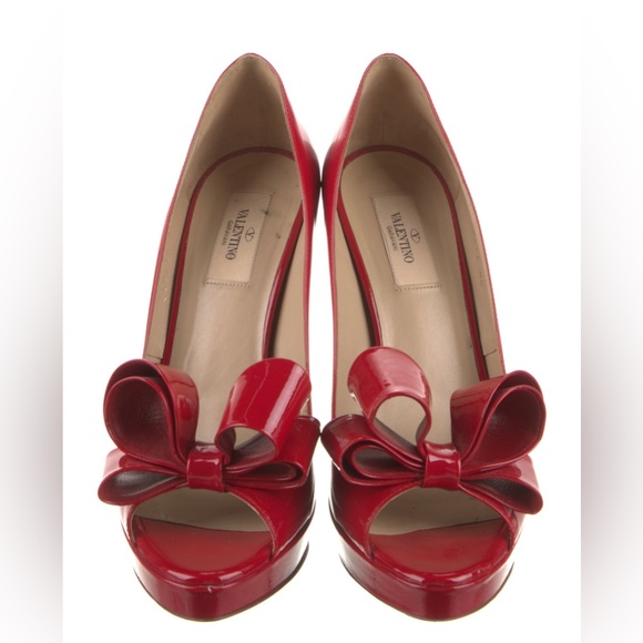 Valentino Garavani Peep Toe Bow Pin Up Heels Red - Picture 8 of 8